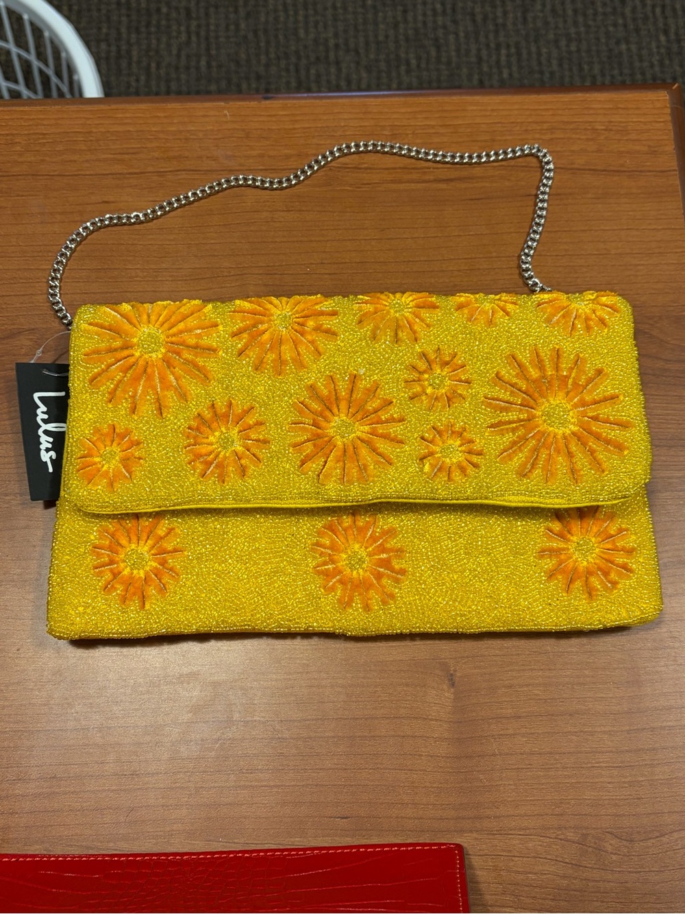 Lulus Beaded Yellow Floral Clutch Bag with Chain Shoulder Strap